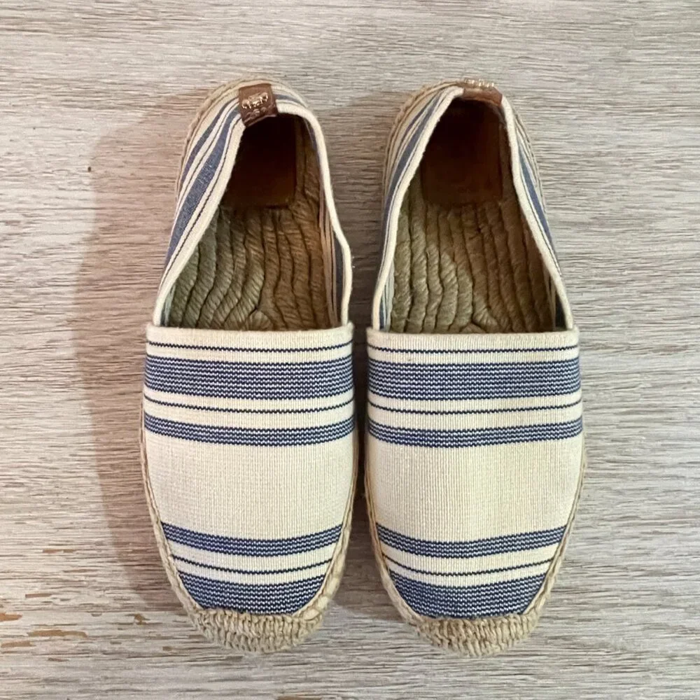 Tory Burch Espadrille Flats Slip On Shoes Ivory Navy Blue Stripe 7
